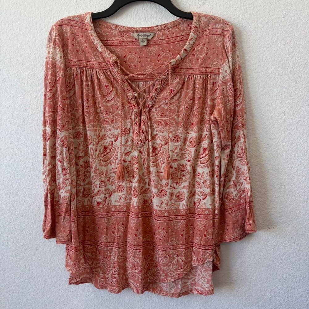 Lucky Brand Orange Floral Lace-Up Peasant Top Size S